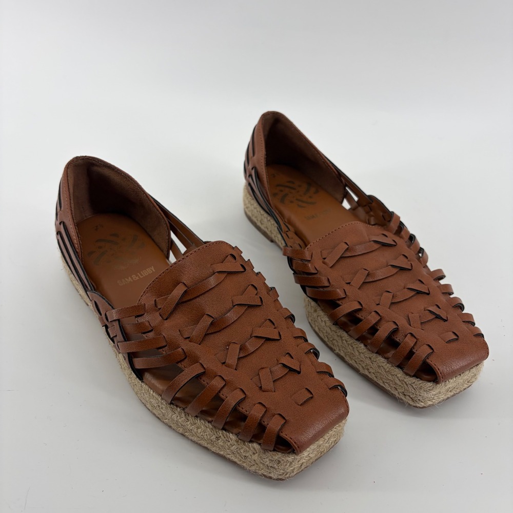 Sam & Libby Womens 7.5 Brown Espadrille Loafers Woven Huarache Square Toe Flat
